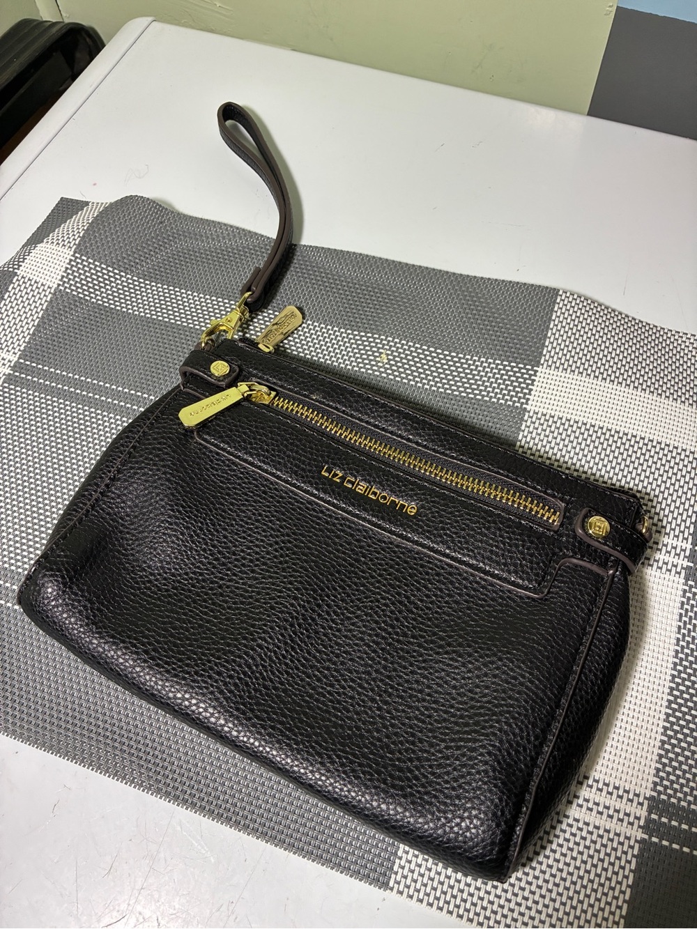 Liz Claiborne Black Pebbled Leather Wristlet with Gold Hardware